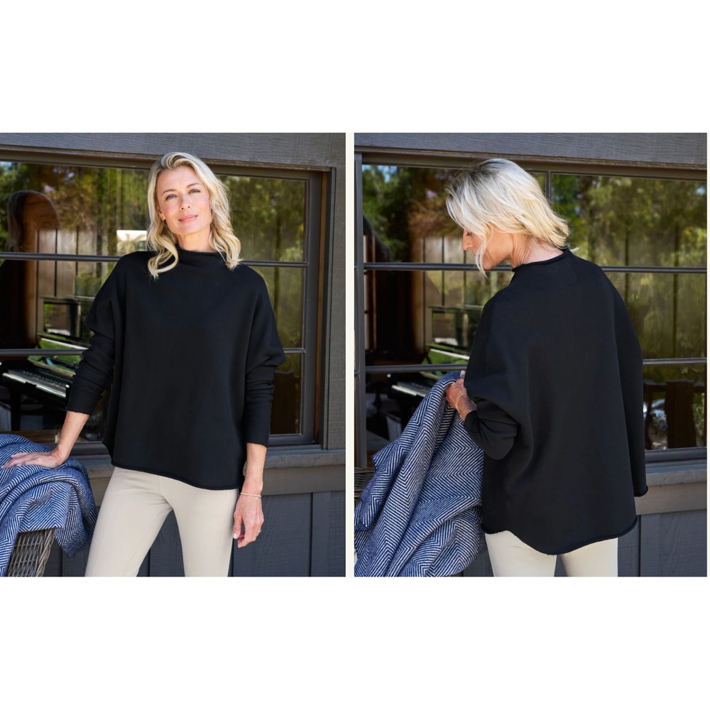 Frank & Eileen Effie Long-Sleeve Funnel Neck Capelet in Triple Terry Black XS